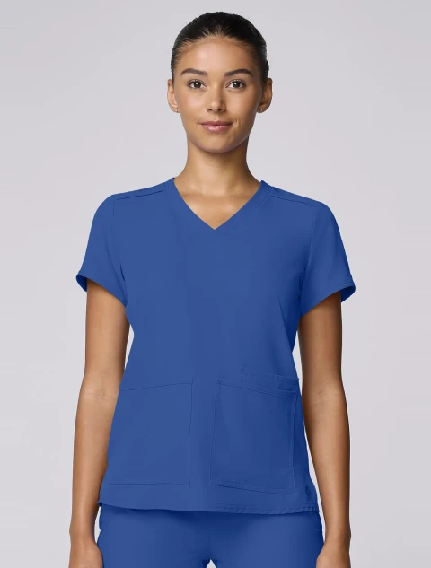 Front view of Med Couture Insight Women's 3-Pocket V-Neck Scrub Top MC2411 in Royal