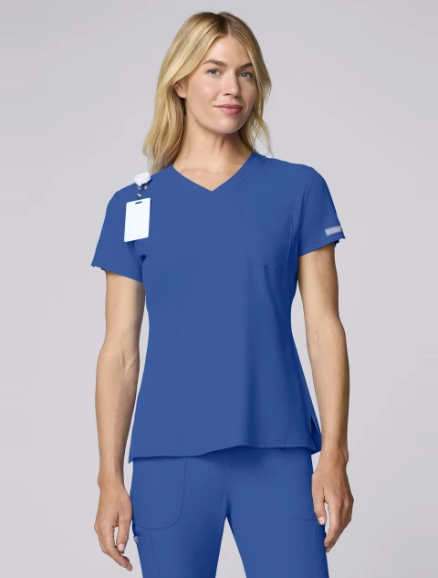 Front view of Med Couture Insight Women's 1-Pocket V-Neck Scrub Top MC2432 in Royal