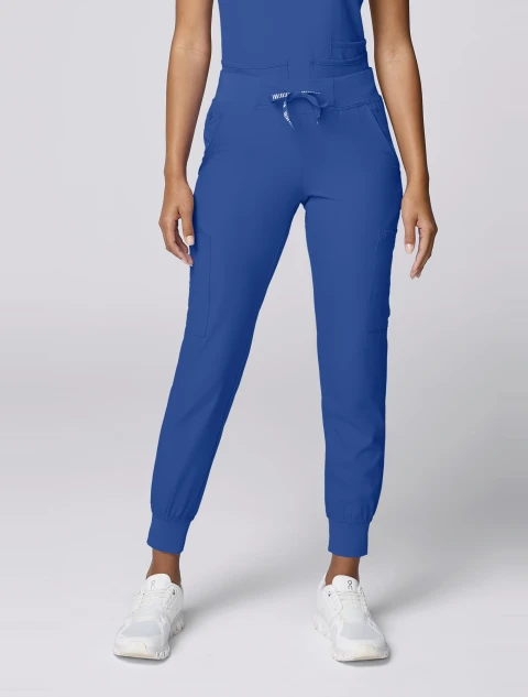 Front view of Med Couture Insight Women's Drawstring Cargo Jogger Scrub Pant MC2711 in Royal