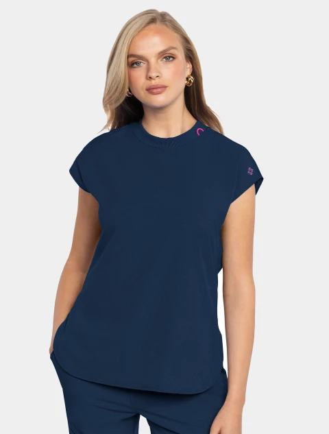 Front view of Med Couture Amp Women's Tuckable Dolman Top #MC703 in Navy