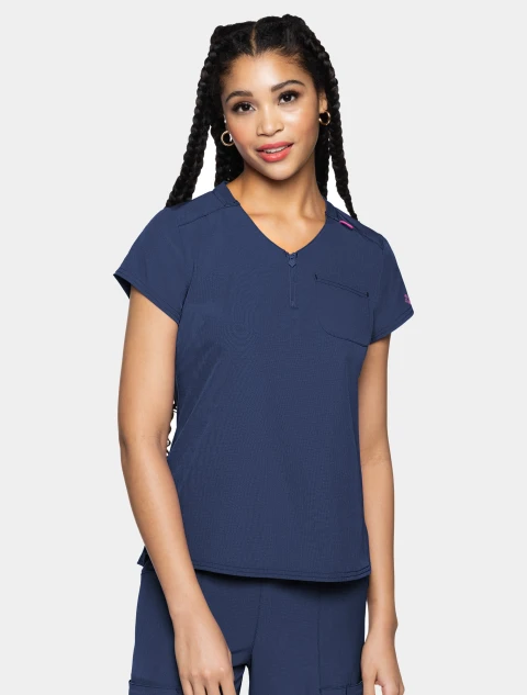 Front view of Med Couture Amp Women's Quarter Zip Tuck-In Top #MC705 in Navy