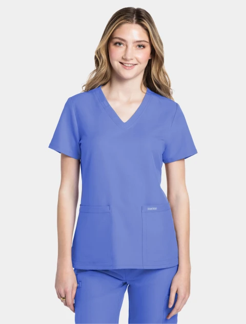 Front view of Cherokee Workwear Originals Ultra Women's 2 Pocket V-Neck Scrub Top CK953A in Ciel