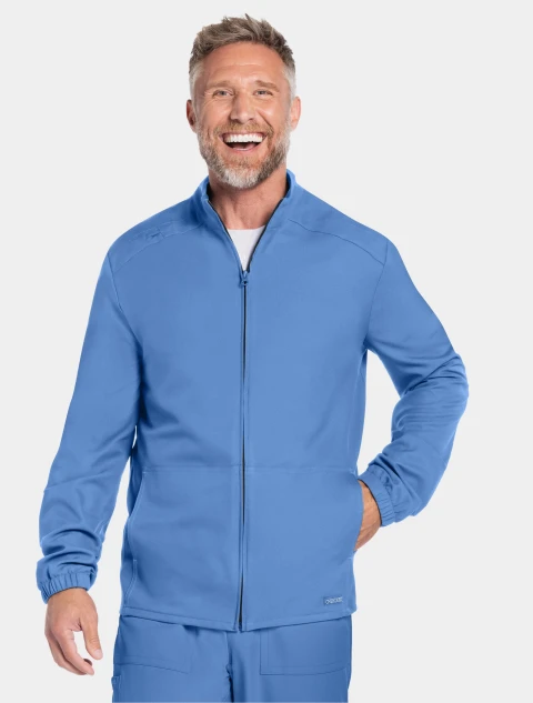 Front view of Cherokee Workwear Originals Ultra Men's Zip Front Scrub Jacket CK359A in Ciel
