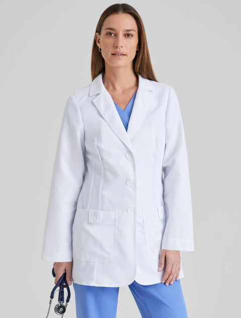 Front view of the Grey's Anatomy by Barco women's lab coat #7446 in the color white. Front view of the Grey's Anatomy by Barco women's lab coat #7446 in the color white.