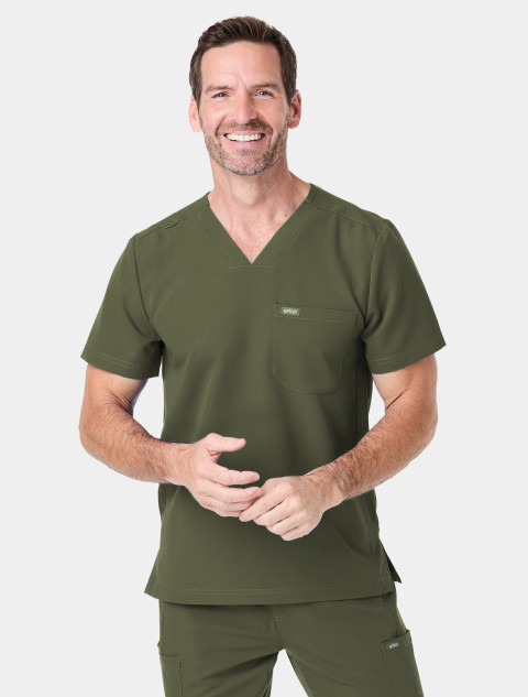 Front view of the Spirit Scrubs men's V-neck medical scrub top UOT333 in olive