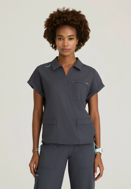 Front view of the Skechers Ripstop women's adjustable bottom collared scrub top SKT276 in pewter