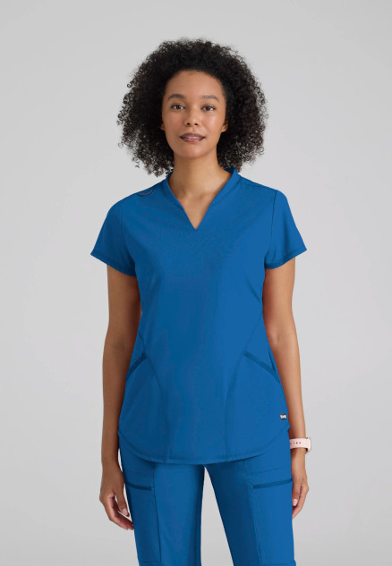 Front view of the Grey's Anatomy Knit-Stretch women's v-neck scrub top GRST249 in royal.