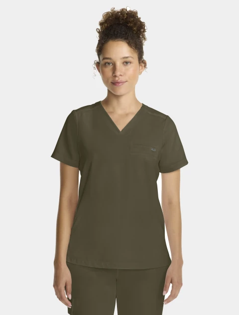 Front view of Healing Hands Quest Women's Tuck-In V-Neck Scrub Top HH755 in Olive
