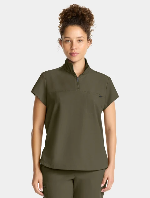 Front view of Healing Hands Quest Women's Quarter Zip Collar Scrub Top HH752 in Olive