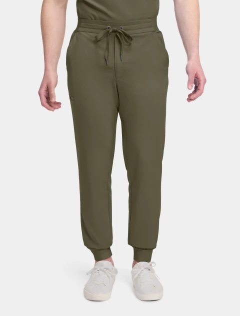 Front view of Healing Hands Quest Men's 5-Pocket Jogger Scrub Pant HH157 in Olive