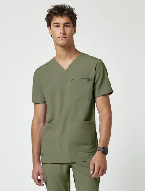 Front view of Healing Hands Quest Men's 4-Pocket V-Neck Scrub Top HH753 in Olive