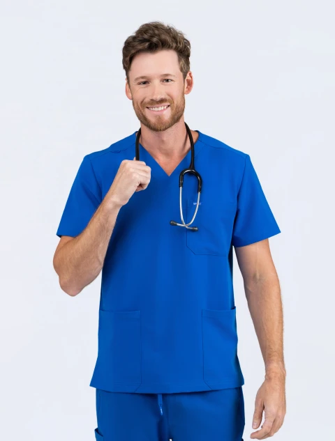 Front view from the waist up of a male healthcare worker wearing a Spirit Scrubs men's 3-pocket V-neck scrub top in royal blue (style #UOT336)