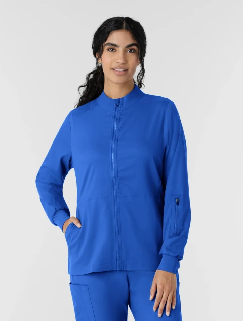 Front view of WINK Boundless Women's Zip-Front Warm-Up Scrub Jacket 8151 in Royal