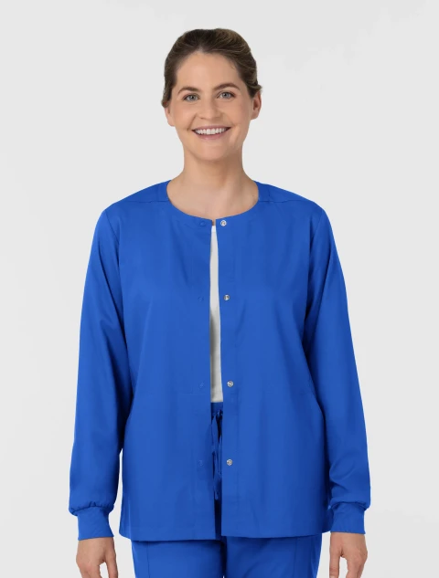 Front view of WINK Boundless Women's Button-Front Warm-Up Scrub Jacket 8751 in Royal