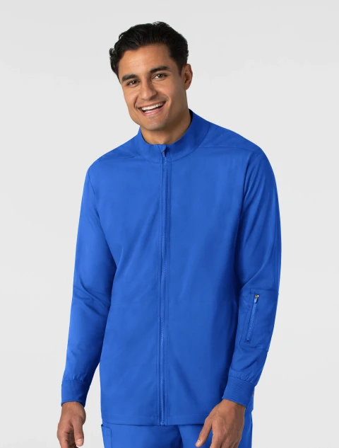 Front view of WINK Boundless Men's Zip-Front Warm-Up Scrub Jacket 8351 in Royal