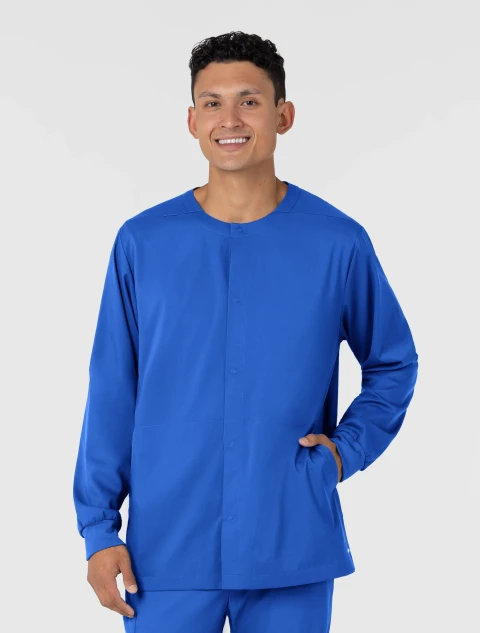 Front view of WINK Boundless Men's Button-Front Warm-Up Scrub Jacket 8651 in Royal