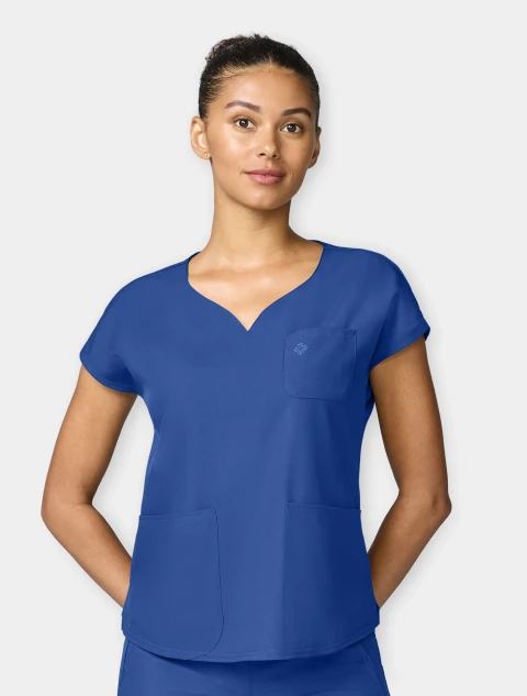Front view of Med Couture Insight Women's Dolman Sleeve Scrub Top MC00008 in Royal