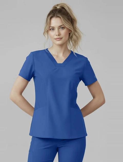 Front view of Med Couture Insight Women's Rib-Knit V-Neck Scrub Top MC00077 in Royal