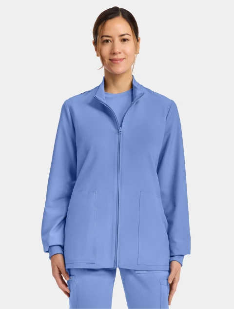 Front view of Cherokee Workwear Originals Ultra Women's Zip Front Scrub Jacket CK00013A in Ciel