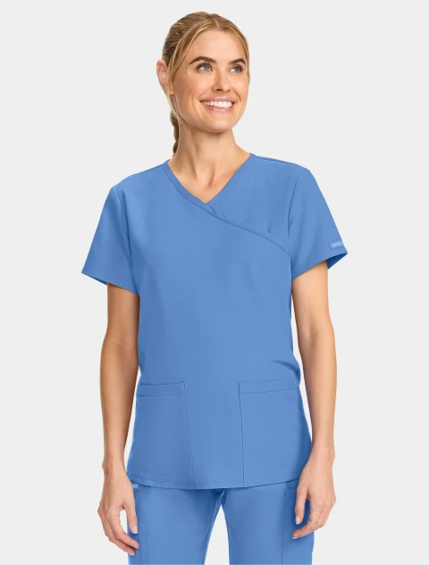 Front view of Cherokee Workwear Originals Ultra Women's Maternity Mock Wrap Scrub Top CK701A in Ciel