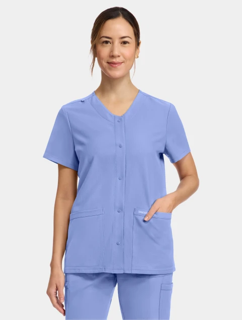 Front view of Cherokee Workwear Originals Ultra Women's 2 Pocket Snap Front Scrub Top CK844A in Ciel