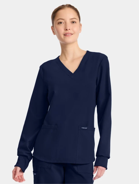 Front view of Cherokee Workwear Originals Ultra Women's Long Sleeve V-Neck Scrub Top CK962A in Navy