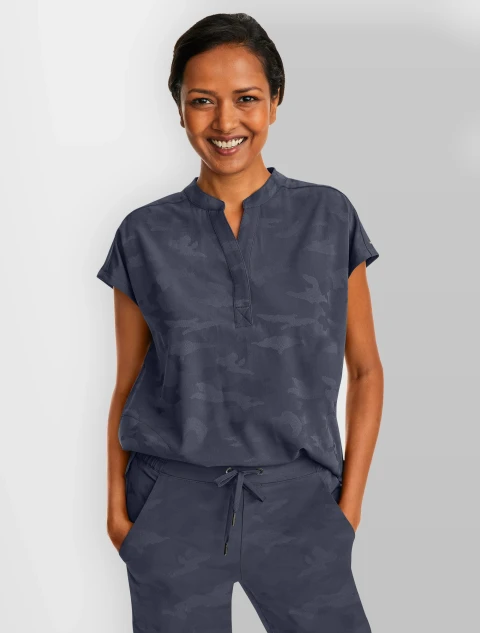 Front view of Healing Hands Purple Label Women's Journey Camo Mandarin Collar Scrub Top 2352 in Pewter