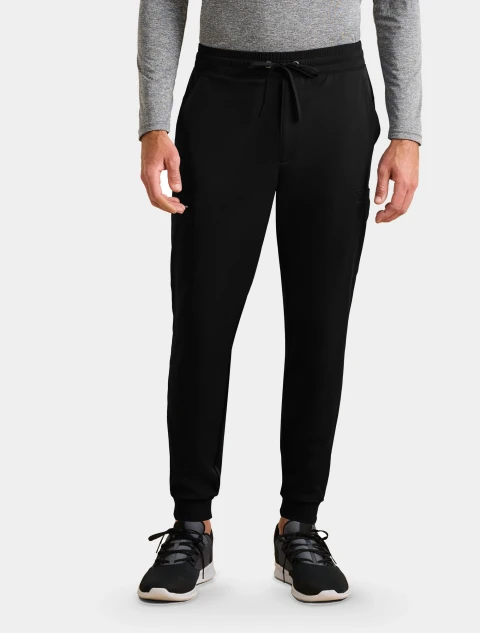 Front view of Healing Hands HH Works Men's Rafael Mid Rise Zip Fly Jogger Scrub Pant HH054 in Black