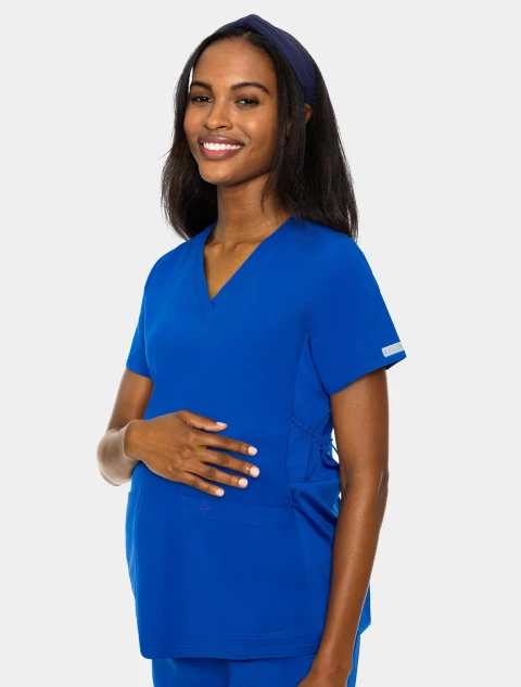 Front view of Med Couture Touch Women's Maternity V-Neck Scrub Top MC628 in Royal
