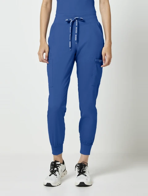 Front view of Med Couture Touch Women's Double Cargo Jogger Scrub Pant MC7705 in Royal