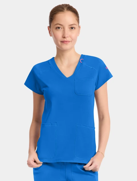 Front view of Med Couture Amp Knit Women's Raglan V-Neck Scrub Top MC752 in Royal