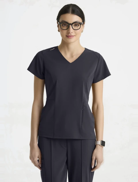 Front view of Grey's Anatomy by Barco Cultivate Women's Spring Scrub Top GRGT309 in Steel