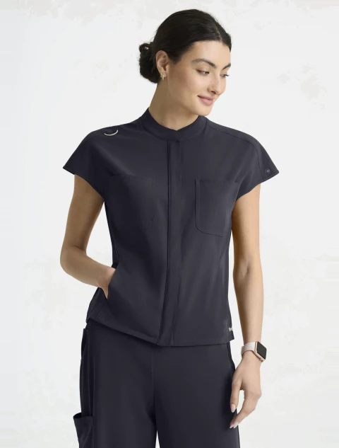 Front view of Grey's Anatomy by Barco Cultivate Women's Aria Scrub Top GRGT320 in Steel