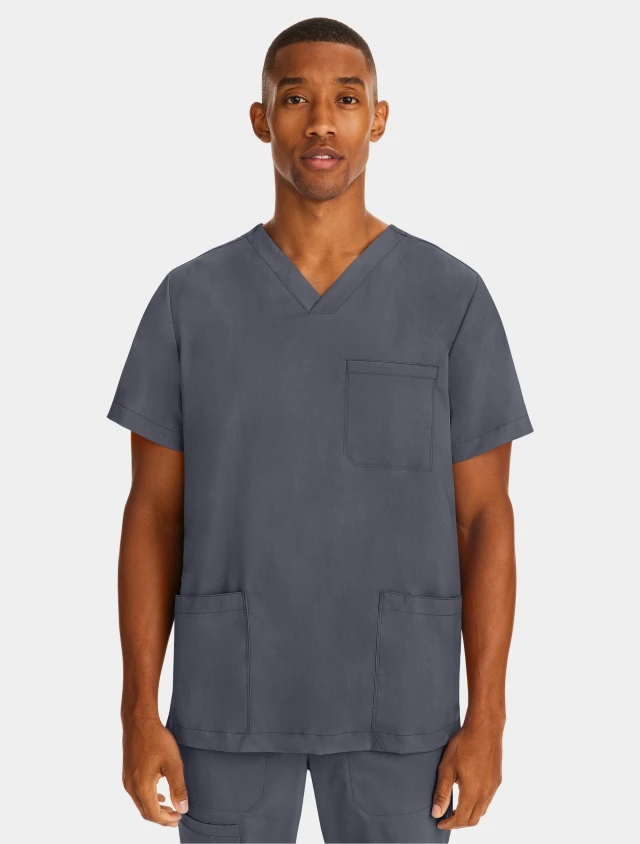 Front view of Healing Hands Purple Label Men's Jake 3 Pocket V-Neck Scrub Top 2331 in Pewter