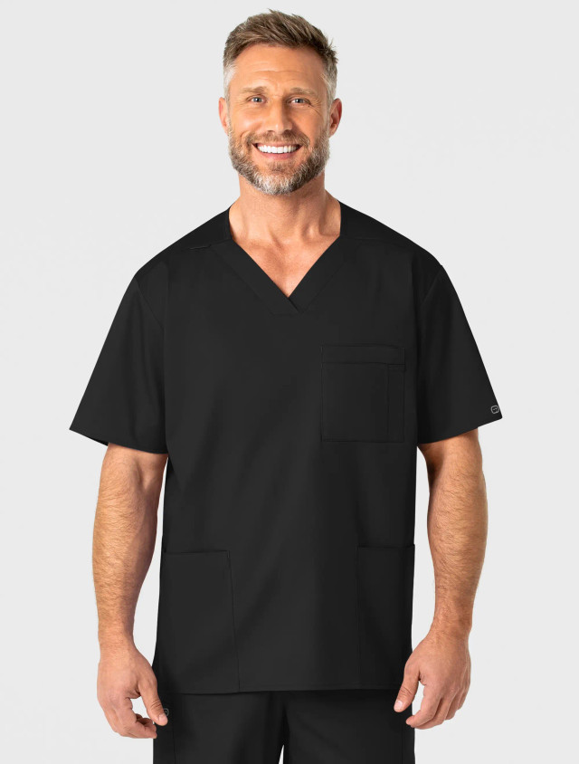 Front view of the Wink Work men's scrub top #103 in black.