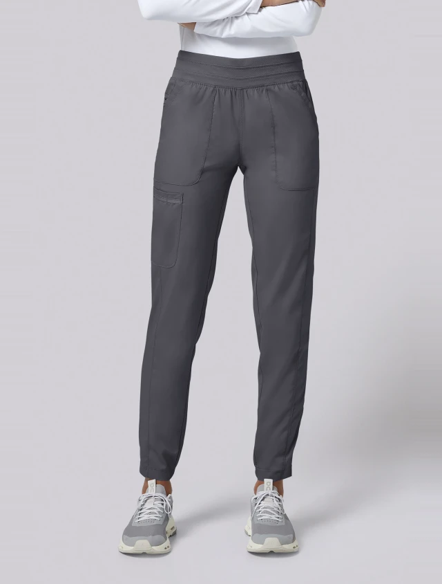Front view of Cherokee Workwear Revolution Women's Natural Rise Jogger Scrub Pant WW011 in Pewter