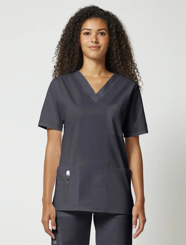 Front view of Cherokee Workwear Core Stretch Unisex 4 Pocket V-Neck Scrub Top 4725 in Pewter