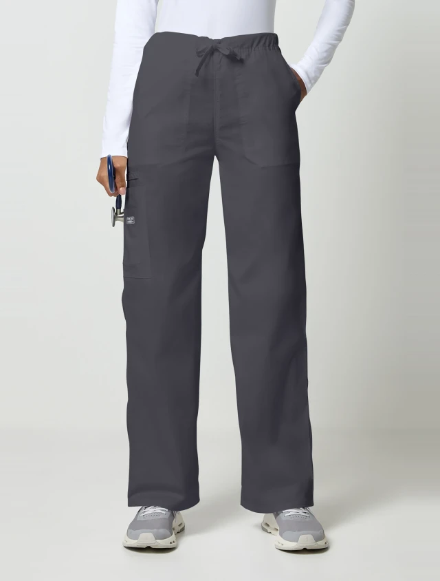 Front view of Cherokee Workwear Core Stretch Unisex Drawstring Straight Leg Cargo Scrub Pant 4043 in Pewter