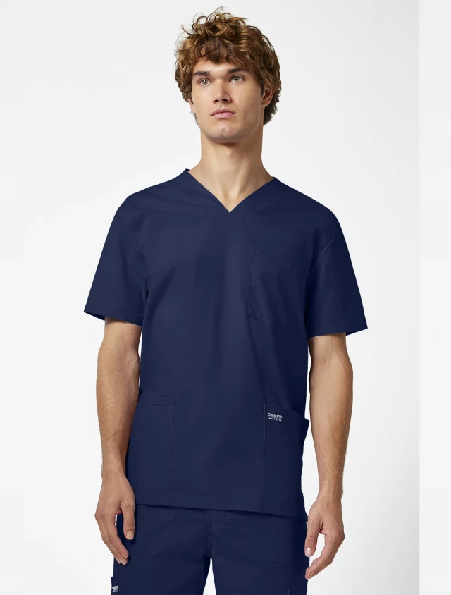 Front view of Cherokee Workwear Professionals Men's V-Neck Top #WW695 in Navy