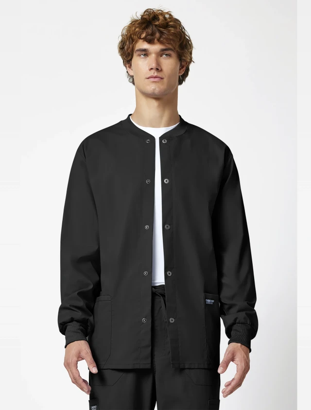 Front view of Cherokee Workwear Professionals Men's Snap Front Jacket #WW360 in Black