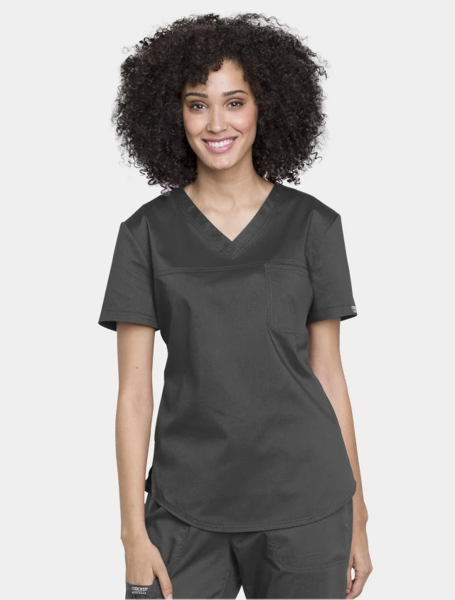 Front view of Cherokee Workwear Revolution Women's Tuckable V-Neck O.R. Scrub Top WW657 in Pewter