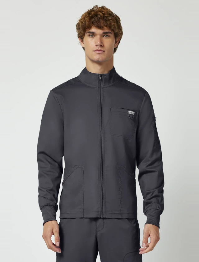 Front view of Cherokee Workwear Revolution Men's Zip Front Warm-Up Scrub Jacket WW320 in Pewter