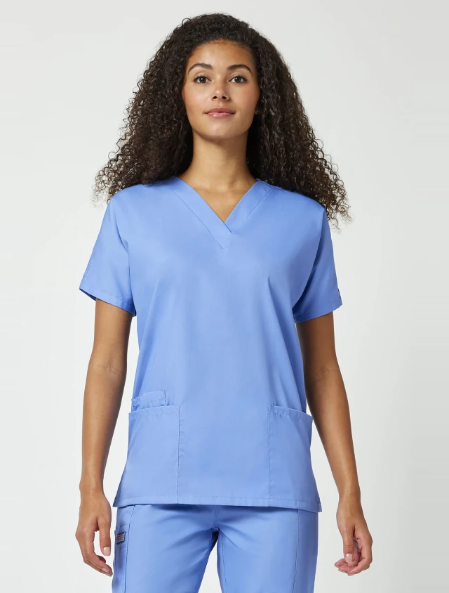 Front view of Cherokee Workwear Originals Women's Dolman Sleeve V-Neck Scrub Top 4700 in Ciel