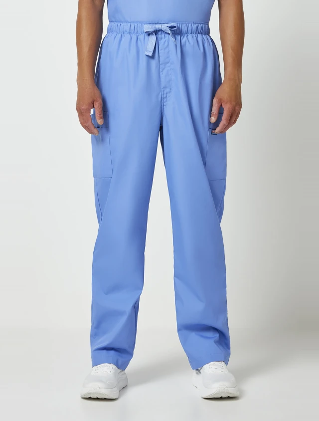 Front view of Cherokee Workwear Originals Men's Fly Front Drawstring Cargo Scrub Pant 4000 in Ciel