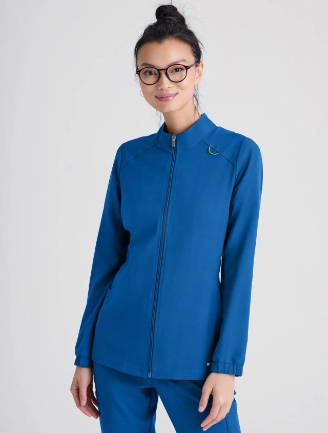 Front view of Grey's Anatomy Evolve Women's Virtue Warm-Up Jacket #GSSW886 in royal