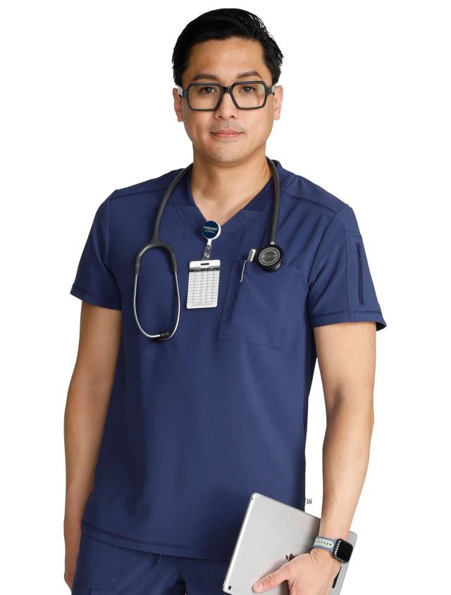 Front view of the Cherokee by Cherokee men's V-Neck top #CK824A in navy.