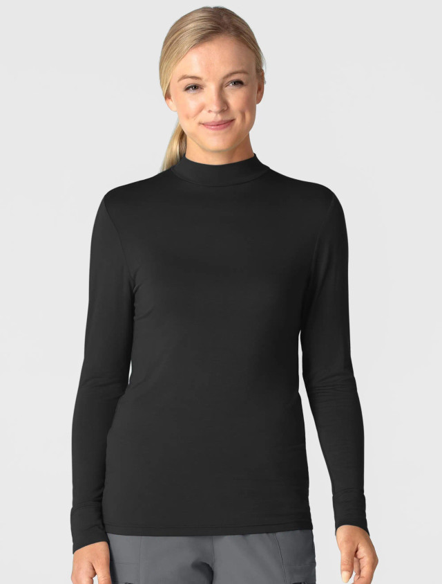 Front view of the women's Wink Layers mock neck tee #2129 in black.