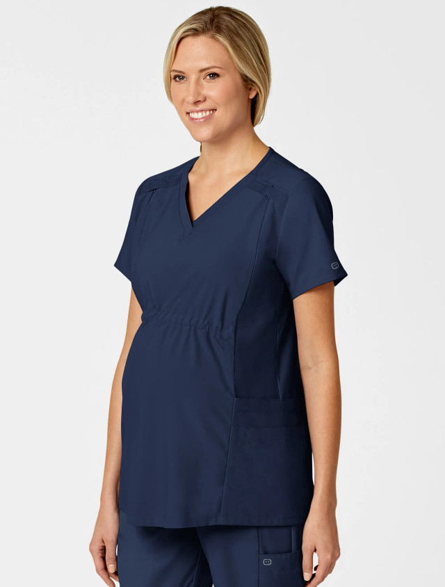 Front view of the women's Wink W123 maternity scrub top  #4555 in navy.