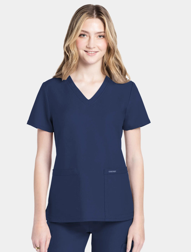 Front view of the Cherokee Workwear Originals Ultra women's scrub top #CK953A in navy.