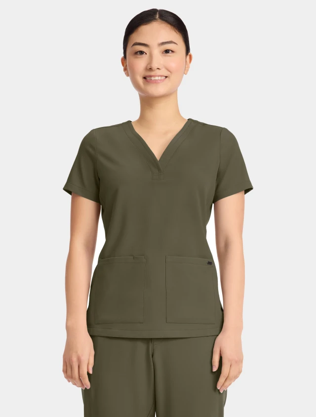 Front view of Healing Hands Quest Women's 3-Pocket Y-Neck Scrub Top HH751 in Olive